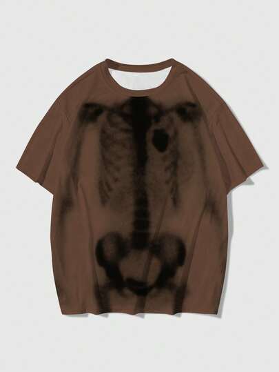 ROMWE MEN Grunge Punk 男士休闲骷髅印花圆领短袖T恤，夏季