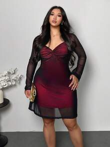 Firerie 全新性感红色网眼心形领扭纹喇叭袖紧身迷你连衣裙，优雅的情人节派对约会装 - 紅色 - 查看 7