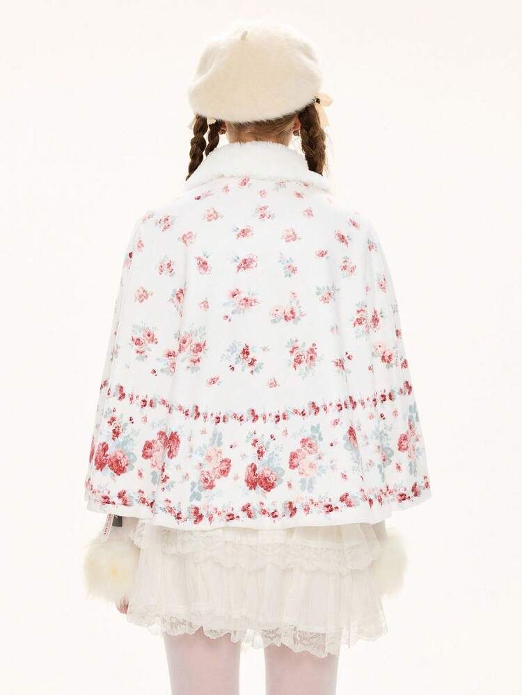 ROMWE Avant Hime Gyaru Cute & Sweet Print Faux Fur Collar Cape Jacket For Women - Apricot - View 3