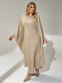 Auralis 大码女装春秋时尚优雅宽松舒适日常修身腰带杏色披肩长裙，保守连衣裙，春季服装，休闲长裙，Jalabiya - 卡其色 - 查看 4