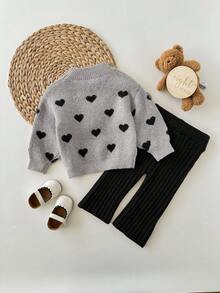 SHEIN Babygirl Cute Polka Dot Long Sleeve Sweater & Elastic Waist Pants Set, Casual For Autumn/Winter