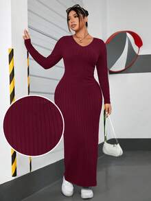 SHEIN EZwear Plus Solidna sukienka z dekoltem w serek, dopasowana do ciała, sukienka na randkę - Burgund - Zobacz 1