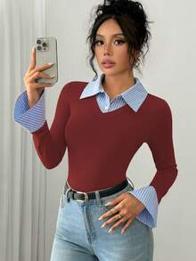 SHEIN PETITE 女款優雅酒紅色條紋拼接領長袖T恤，秋季隨性時尚返校通勤針織半開襟上衣，適合嬌小女性 - 紅色 - 查看 3
