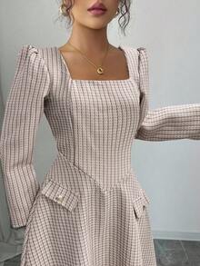 Elenzga Váy đi làm tay dài, cổ vuông, túi giả, nhiều màu, trang trí đinh tán, chắp vá, viền loe, mùa thu cho nữ - Cà phê nâu - Xem 3