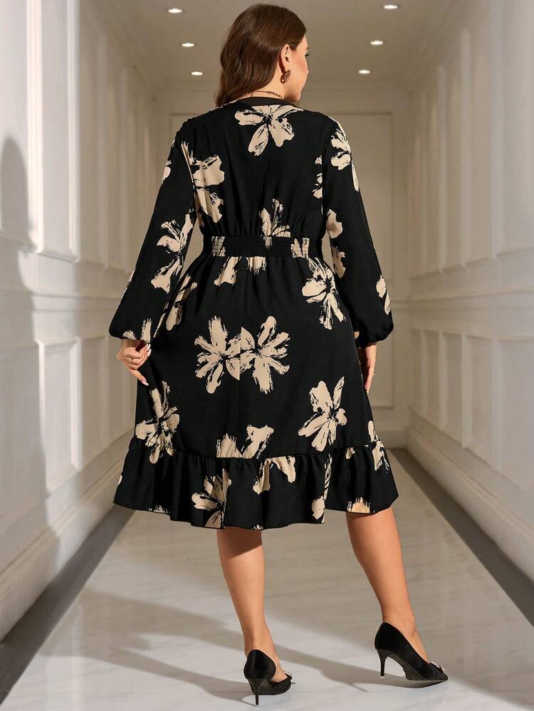 Plus Size Women's Elegant Party Casual Floral Print Dress, ,Going Out Outfits, New Clothes,Simple And Fashionable For Everyday Wear, Plus Size , Outfit For Women ,New Year Clothes,Thanksgiving Outfit For Women, Black Floral Dress, Flower Dress Woman, Long Sleeve Dresses, Modest Dress For Women, Elegant Dress,Date Night Outfits Women,Flowy Dress,Spring/Summer/Vacation