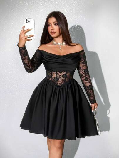 Viva Relle Plus Size Women's Draped Neck Long Sleeve Satin Lace Patchwork Hollow Out Midi A-Line Black Waist Dress, Elegant Vintage Casual Party Cocktail Dress