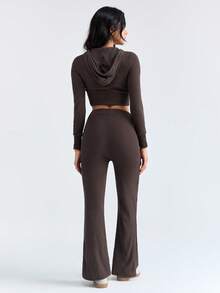 Loungeista 两件套女士连帽拉链长袖露脐上衣和喇叭裤家居服套装，休闲睡衣，适合户外穿着，秋冬季舒适保暖，秋季服装 - 棕色 - 查看 2