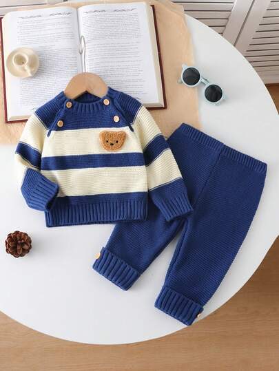 SHEIN Baby Boy Colorblock Striped Sweater And Knit Pants Set, Autumn/Winter