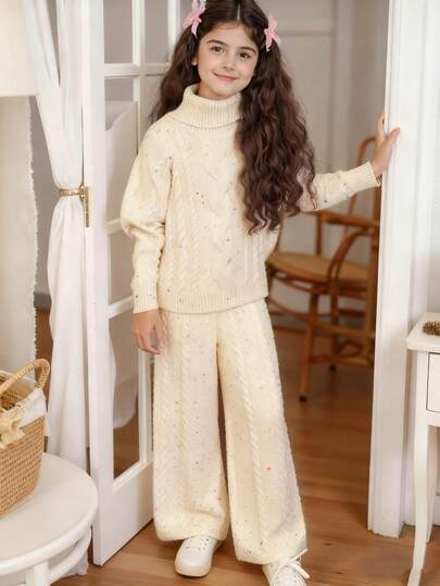 SHEIN 青少年女孩毛衣套装，包含高领纹理毛衣和直筒针织裤，舒适休闲，适合简约装扮，适合秋冬季