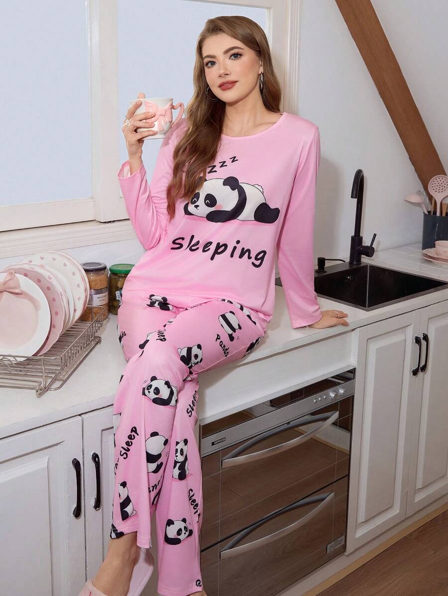 SweetSlumber Cute Panda Print Women's Pajama Set,Pink Comfortable Loungewear Sleeping Set For Fall & Winter Clothes - Multicolor - View 1