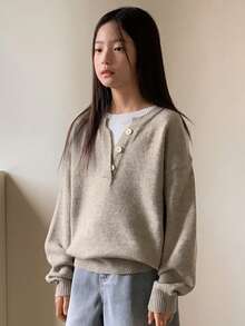 Dazy Kids Girls Slouchy Color Block Henley Neck Pullover Sweater, Soft & Cozy For Big Tween Girl, Fall - Apricot - View 3