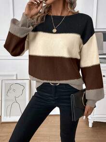 SHEIN LUNE Áo len dài tay cổ tròn phối màu đơn giản dành cho nữ - màu nâu - Xem 3