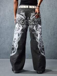 ROMWE MEN Street Life Men's Letter & Wing Graphic Wide Leg Casual Loose Fit Jeans, Street Fashion - Black - View 3