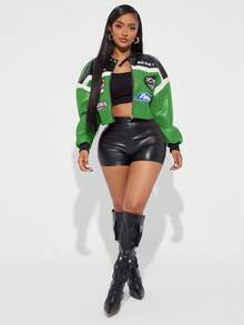 Radiana Women's Letter Print Color Block Short PU Leather Jacket, Motorcycle/Racing/Pilot Jacket, Versatile Outerwear For Autumn/Winter - Green - View 4