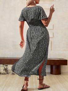 Roveilla Plus Size Women Stylish Floral Print Short Sleeve Dress Maxi Women Outfit - Black - View 2