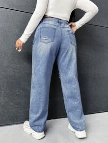 SHEIN ICON Plus Size Casual Washed Distressed Asymmetric Waist Jeans - Medium Wash - View 2