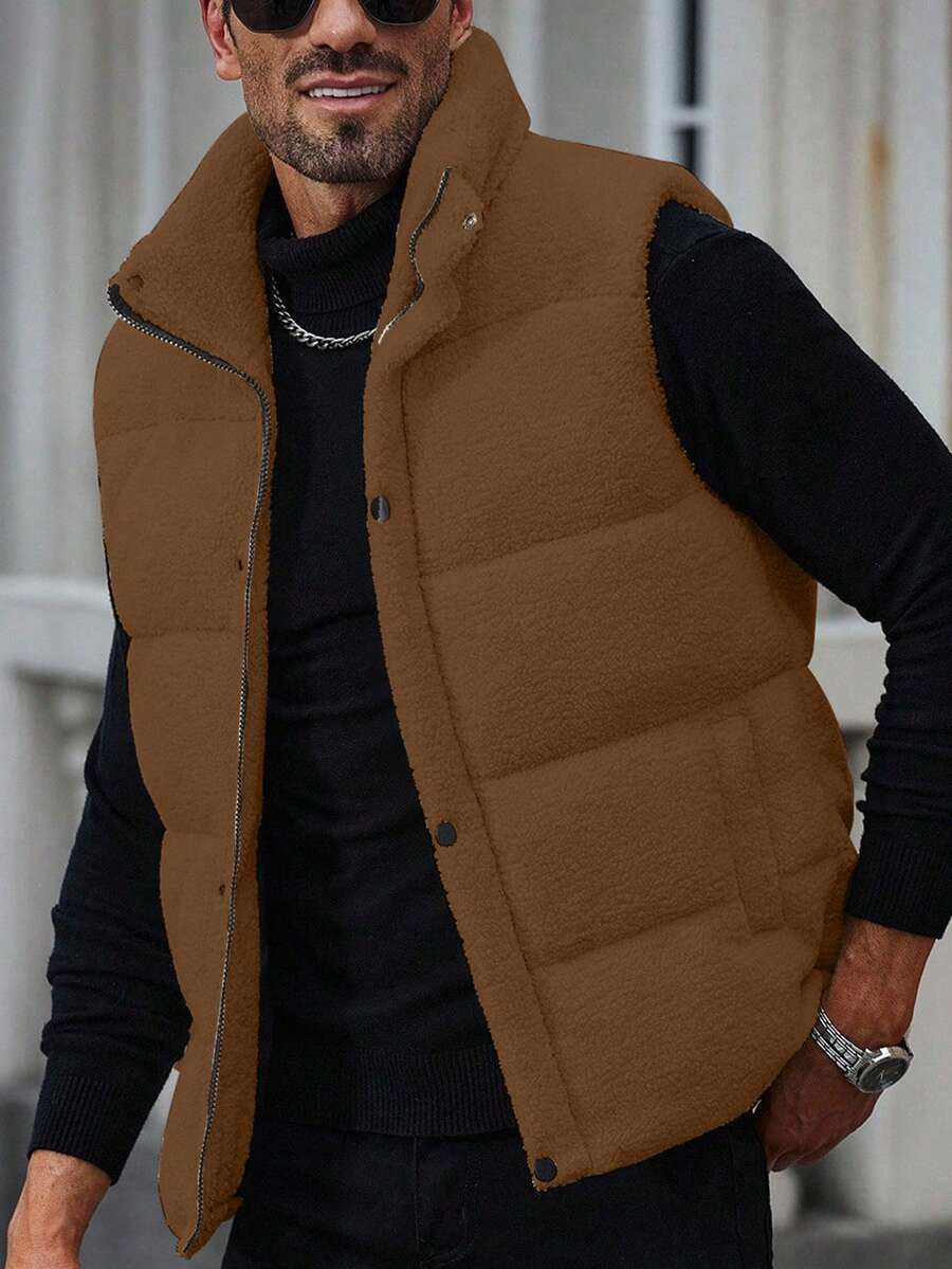 Manfinity Homme 男士街头热销INS风男士无袖抓绒背心保暖休闲绗缝外套，送给男友老公的秋冬礼物周年纪念日礼物 - 棕色 - 查看 1