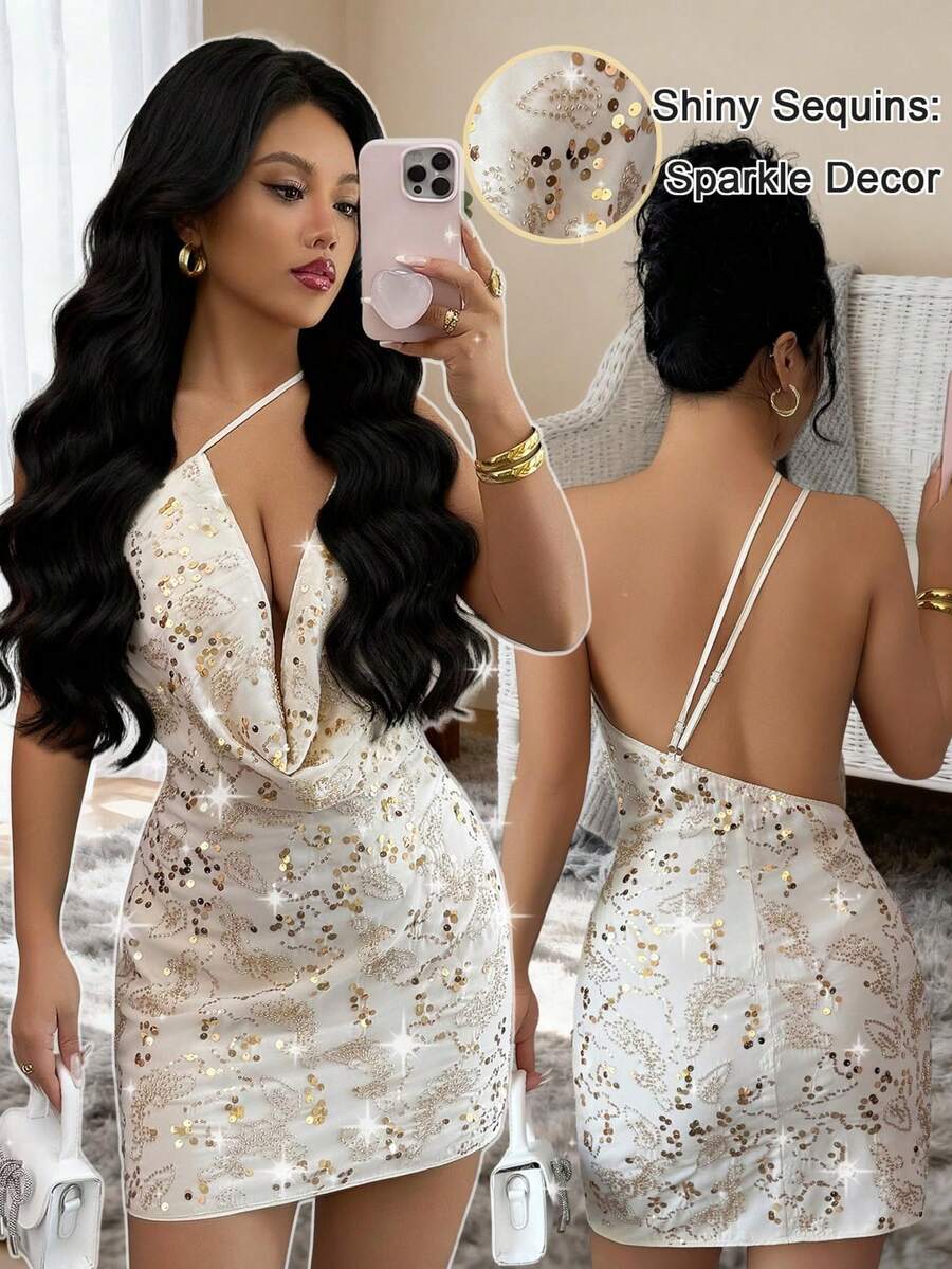 Rafferiza 女式休闲性感低胸亮片连衣裙 - 杏色 - 查看 1