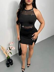 SHEIN Privé Plus Size Black Classy Night Out Club Sommar Women's Elegant Rhinestone Halter Neck Semi-Sheer Single Side Slit Bodycon Patchwork Fairy Party Dress - Black - View 6