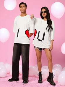 Manfinity VCAY 2pcs/Set Couple Matching Loose Fit Round Neck Short Sleeve T-Shirts, Heart & "I Love You" Print, Casual Everyday Wear - White - View 4