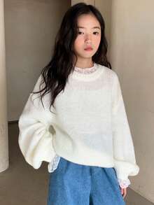 DAZY Tween Girls Crew Neck Lace Patchwork Sweater, Fall - Beige - View 2