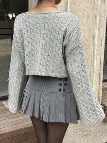 SHEIN Unity Women's V-Neck Drop Shoulder Long Sleeve Cropped Sweater, Autumn/Winter - Light Grey - View 2