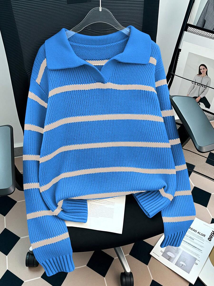 Lyxana Sweater Longgar Kasual Bergaris untuk Wanita, Musim Gugur/Dingin - Biru - View 1
