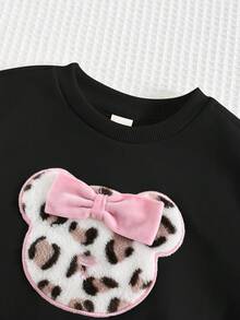 Cozy Pixies Baby Girl Bowknot & Leopard Bear Graphic Round Neck Long Sleeve Pullover Pullover Sweatshirt, Casual Sports Outerwear, Versatile Leopard Toddler Top Girl Baby Girl Clothes Long Sleeve Baby Girl Clothes Spring Fall Baby Girls Sweatshirts Animal Print Clothes Toddler - Black - View 5