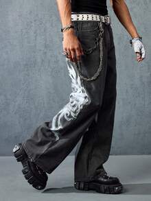 ROMWE MEN Street Life Men's Letter & Wing Graphic Wide Leg Casual Loose Fit Jeans, Street Fashion - Black - View 6