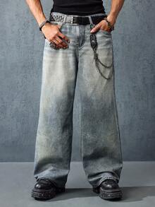 ROMWE MEN Goth Men's Cross Pattern Wide Leg Casual Loose Street Jeans - Dark Wash - View 4