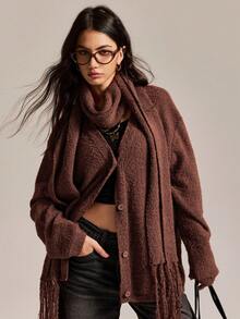 Easelle Vintage Casual Coffee Color Casual Loose Fit Long Sleeve Button Front Cardigan For Women Winter Clothes For Women New Year  Christmas - Coffee Brown - View 5