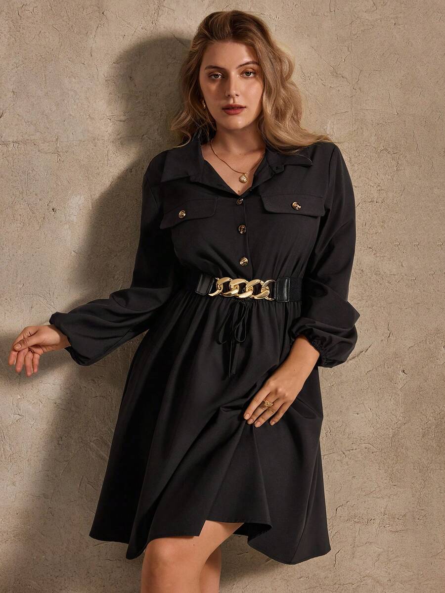 Elegantrix Plus Size Black Long Sleeve Short Dress With Metal Waist Chain, Waist Cinching Design, Suitable For Christmas, Halloween, Autumn/Winter Women Shirt Dress - Black - View 1