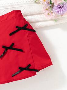 SHEIN Young Girls' Valentine's Day Party Elegant Office Lady Layered Bowknot Red Skirt,Holiday,Summer,Travel - Red - View 6