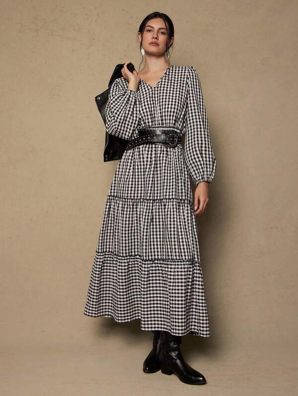 Freevana Plus Size Women Plaid V-Neck Lantern Sleeve Ruffle Hem Casual Dress Checkered Dress Gingham Dress Long Sleeve Tiered Dress  Western Country Style For Women/Winter