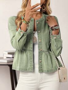 EMERY ROSE 女式休闲牛仔夹克，长袖，单排扣和荷叶边下摆，绿色牛仔夹克，女式绿色春季夹克，女式轻便绿色夹克，女式绿色夹克