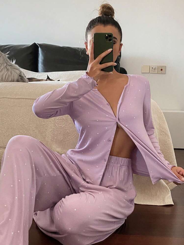 Polka Dot Print Women's Button Front Long Sleeve Top And Pocket Pants Pajama Set, Fall & Winter Clothes