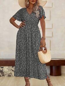 Roveilla Plus Size Women Stylish Floral Print Short Sleeve Dress Maxi Women Outfit - Black - View 4