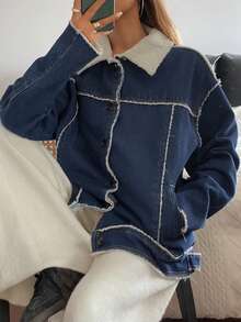 Livesso Damen lässige, weite Denim Jacke mit Umlegekragen, Herbst - Blau - Übersicht 6