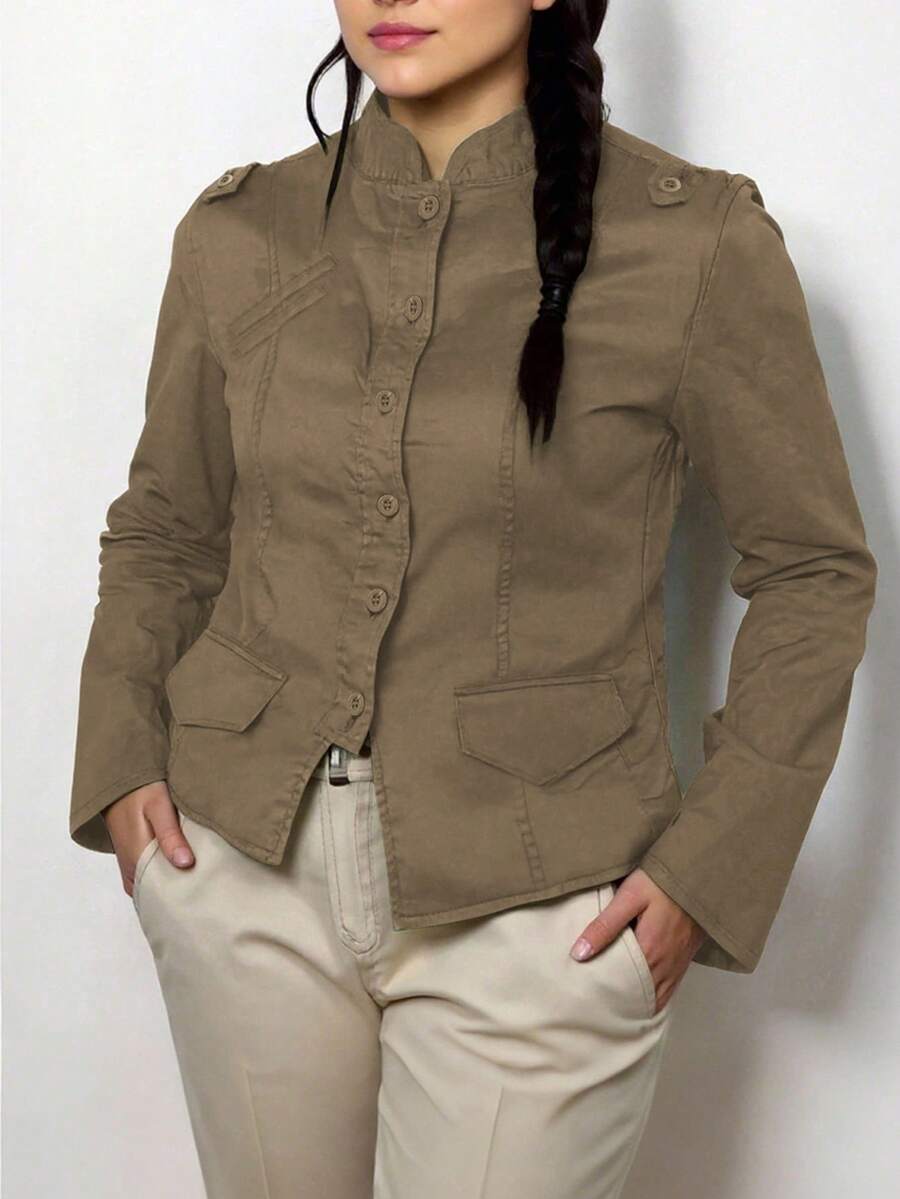 EMERY ROSE 大码女式绿色长袖休闲户外衬衫，秋季 - 卡其色 - 查看 1