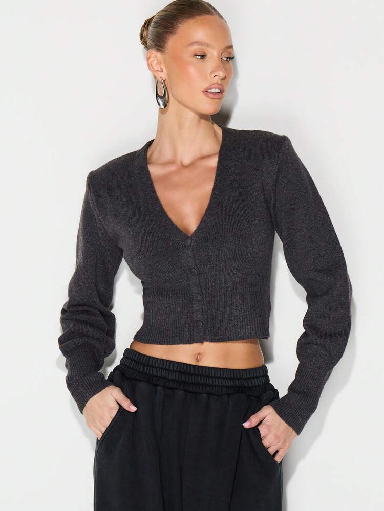 KIZN Charcoal Ribbed V Neck Button Front Cropped Cardigan With Balloon Sleeves Fall Winter Knit Sweater
