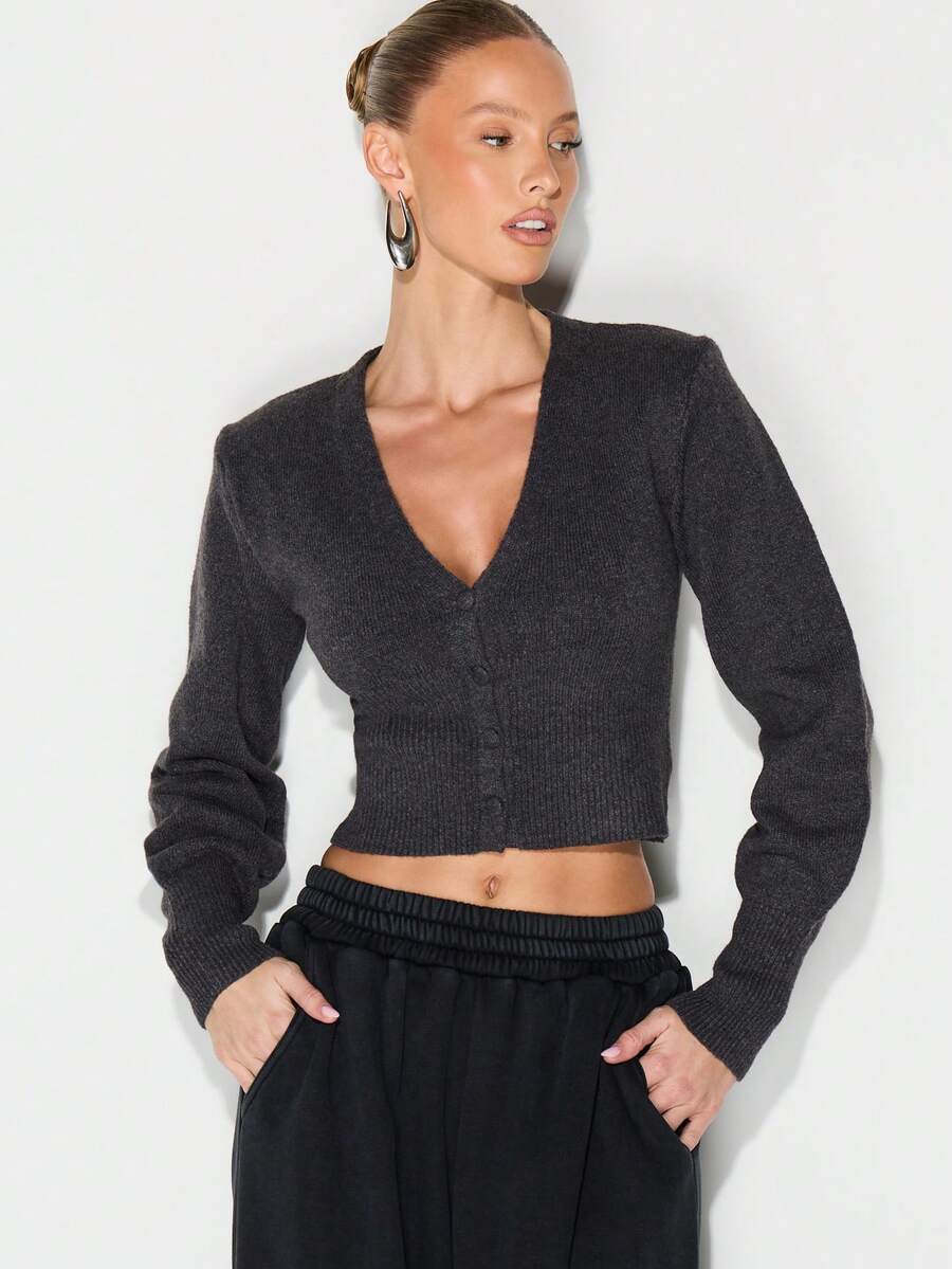 KIZN Charcoal Ribbed V Neck Button Front Cropped Cardigan With Balloon Sleeves Fall Winter Knit Sweater - Grey - View 1