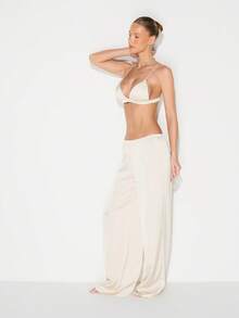 Satin Bralette Wide Leg Trouser Lounge Set For Comfort Sleepwear Pajama Set - Apricot - View 5