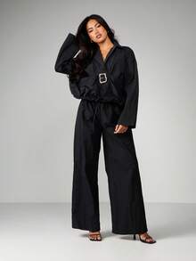 MISSGUIDED Bubble Hem Collared Two Piece Coord Set With Belt Detail Wide Leg Palazzo Pants - Black - View 4