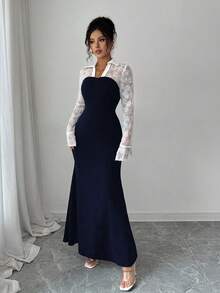 Elenzga Váy đuôi cá phối lưới hoa thêu hoa thanh lịch, lãng mạn, eo ôm vừa vặn dành cho nữ - Màu xanh hải quân - Xem 4