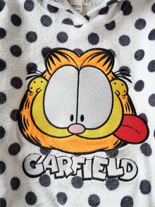 GARFIELD | SHEIN 少女可爱卡通猫刺绣波点3D蝴蝶结法兰绒舒适休闲黑白宽松长袖连帽卫衣 - 黑與白 - 查看 5