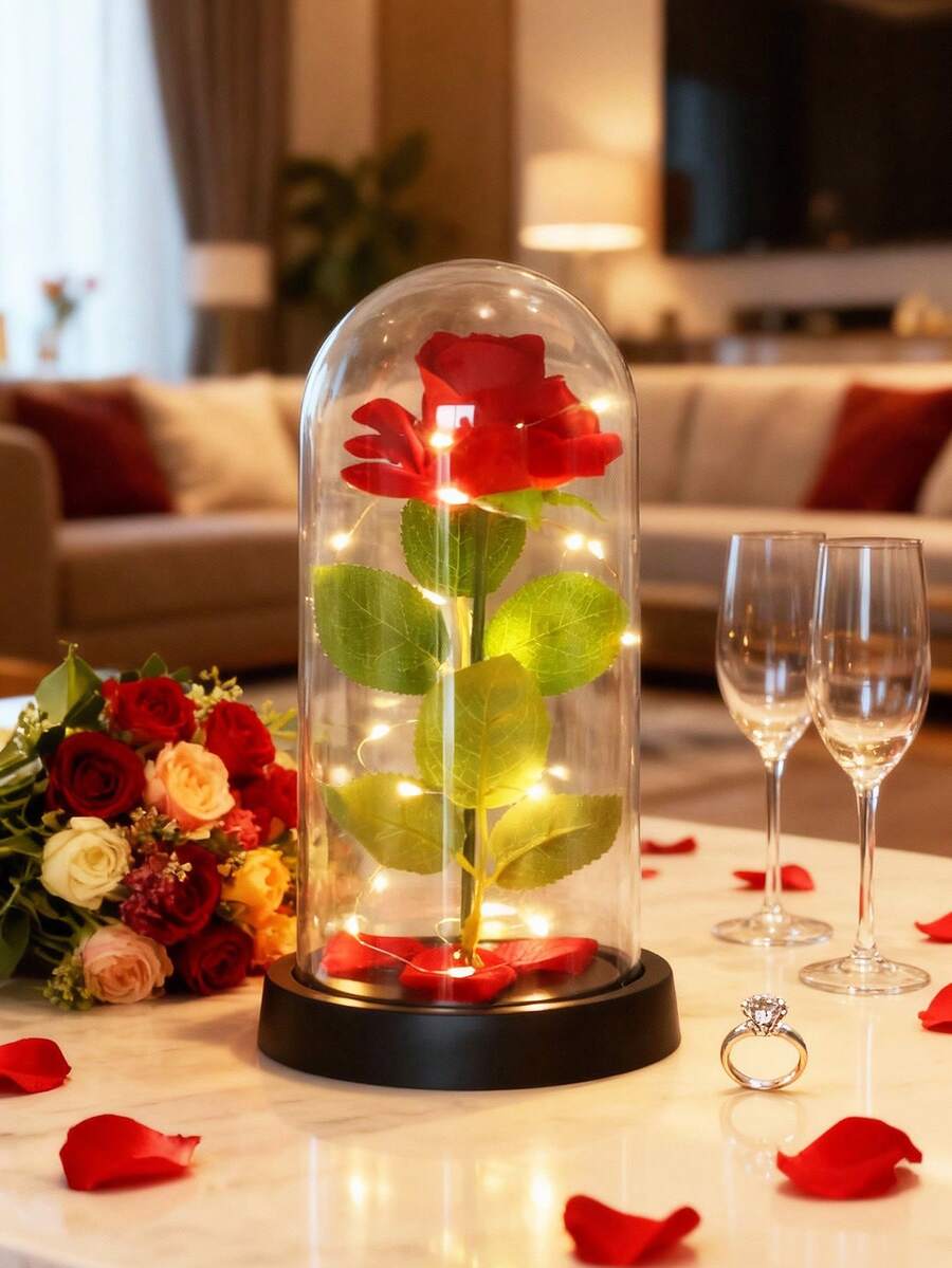 1 buc lumină de noapte cu flori de trandafir din catifea artificială roșie cu capac din plastic, perfectă pentru cadou de Ziua Îndrăgostiților, cadou de Crăciun, decor de nuntă, decor pentru casă, lumini de decor de masă de Crăciun, decor dormitor lumină de noapte cu flori de trandafir