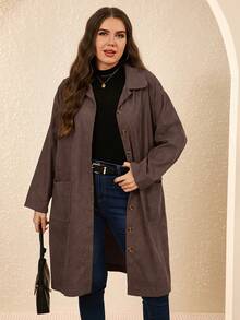 EMERY ROSE 加大码乡村服装女式灯芯绒双口袋纽扣门襟中长外套，秋季女装 - 棕色 - 查看 7