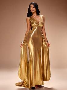Radiana 优雅奢华金色美人鱼礼服，性感露背晚礼服，闪亮迷人派对礼服，适合晚宴、舞会、婚礼宾客、伴娘、鸡尾酒会、新年、圣诞节等场合，金属弹力面料完美贴合曲线。 - 金色 - 查看 5