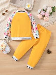 SHEIN Bộ 2 áo khoác và quần dài cổ bóng chày in họa tiết hoa tay raglan cho bé gái trang phục thường ngày - Màu vàng - Xem 2