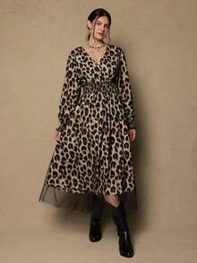 SHEIN VCAY Plus Size Leopard Print Wrap Around Long Sleeve Cinched Waist Dress, Elegant - Black - View 5